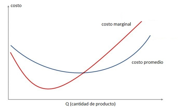 Variación del costo marginal y del costo total promedio con la cantidad de producto.