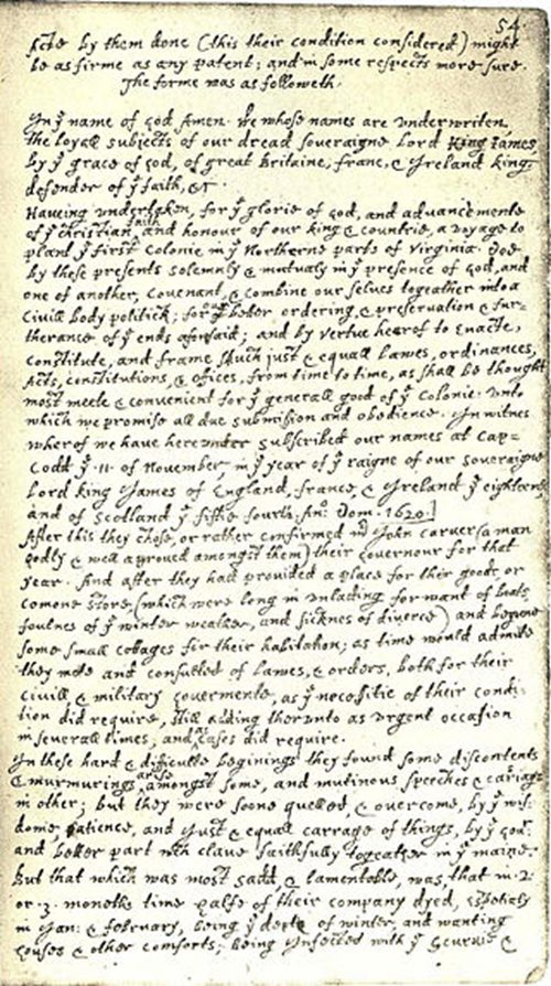 Transcripción del pacto de Mayflower de William Bradford.